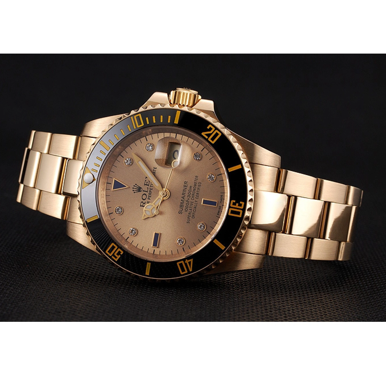 Rolex copies cheap Case With Gold Bezel Submariner Bracelet Black Swiss And Diamond Dial Yellow Markings Gold Rolex 0624